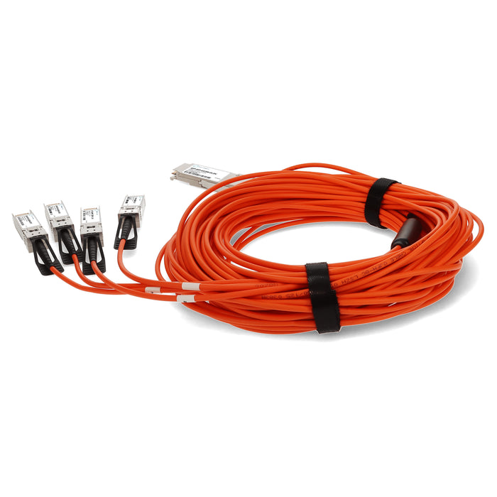 MSA and TAA Compliant 40GBase-AOC QSFP+ to 4xSFP+ Orange Active Optical Cable (850nm, MMF, 20m)
